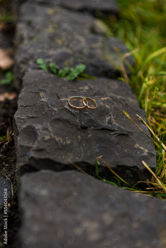 wedding rings in hand. Two wedding rings on the floor with contrast wedding rings on floor, on ground, on piano, in hand on grass or a stones, wedding rings in hand. Two wedding rings on the floor with contrast wedding rings on floor, on ground, on piano, in hand on grass or a stones,