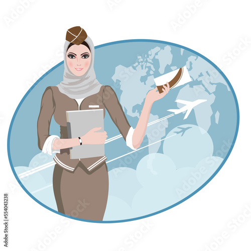 Air Travel: Air hostess holding ticket to the flight, presenting her company's services