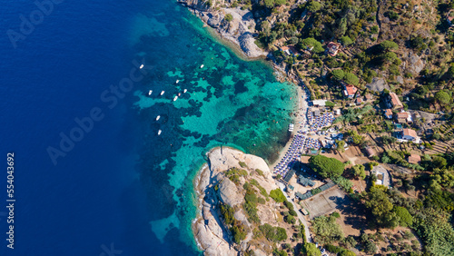 Aerial drone view of Arenella beach in isola del Giglio, Tuscany photo