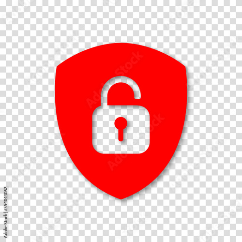 Icon or symbol of a shield with a opened padlock. Sign unlock on a transparent background. Vector illustration.