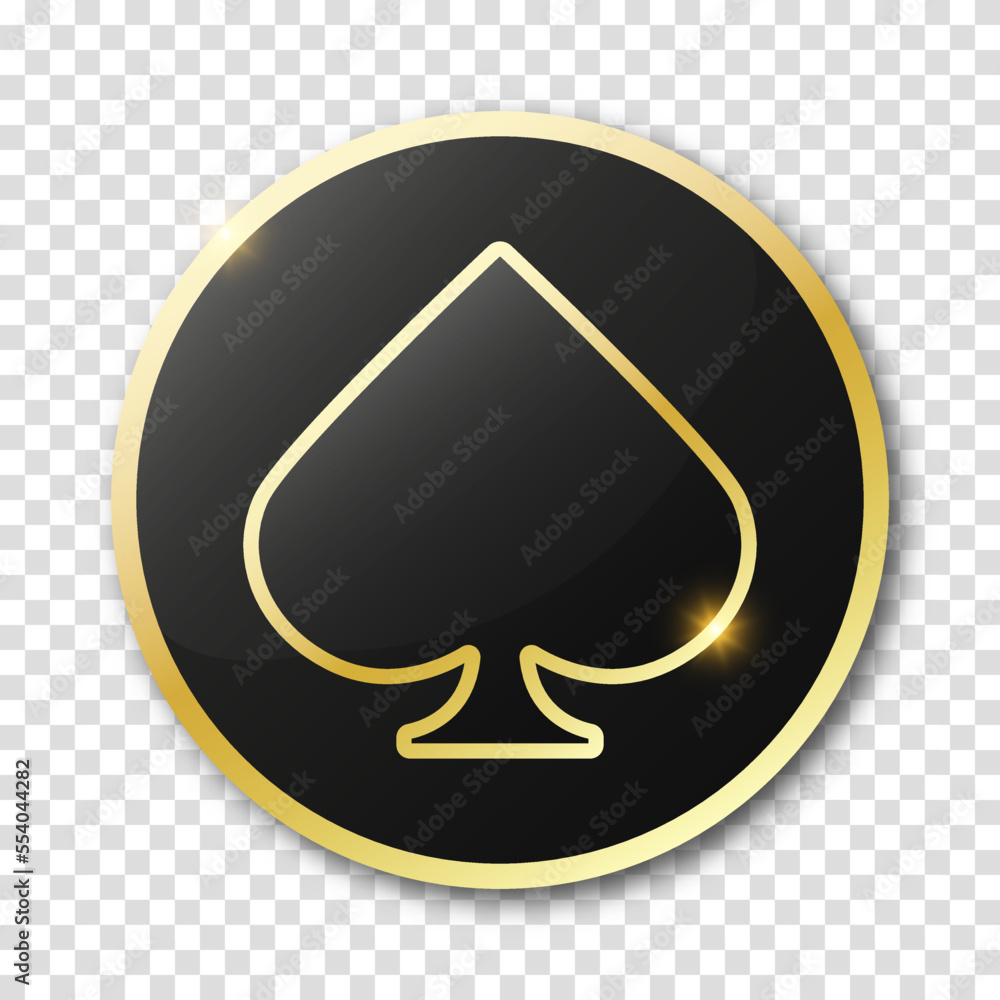Poker chip in black with golden border on a transparent background with a suit of spade. Spades sign. Poker chip in black with golden border on a transparent background with a suit of spade. Spades sign.