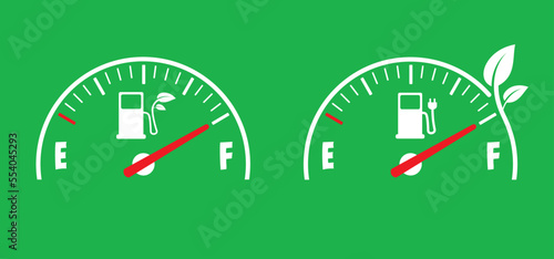 Cartoon fuel gauge. Car flling station. Petrol pump or electric plug meter. Electrical cable with pump. Green gas station, bio fuel pump station or biodiesel. Biofuel indicator. Scale, level with arro