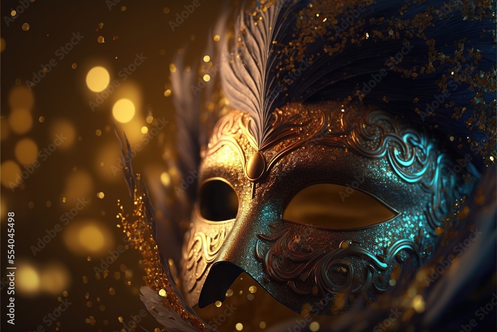 Realistic luxury carnival mask with yellow  feathers. Abstract blurred background, gold dust, and light effects. Generative Ai