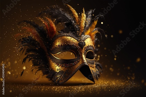 Realistic luxury carnival mask with yellow  feathers. Abstract blurred background, gold dust, and light effects. Generative Ai © makstorm