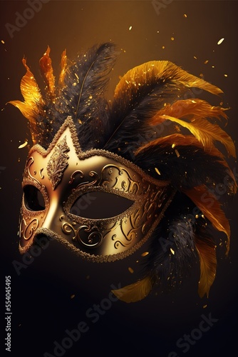 Realistic luxury carnival mask with yellow feathers. Abstract blurred background, gold dust, and light effects. Generative Ai