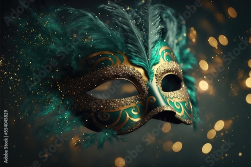 Realistic luxury carnival mask with green feathers. Abstract blurred green background, gold dust, and light effects. Generative ai.
