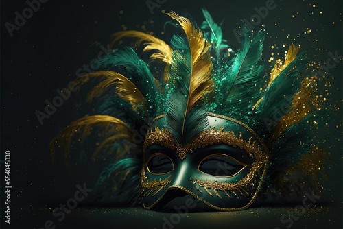 Realistic luxury carnival mask with green feathers. Abstract blurred green background, gold dust, and light effects. Generative ai.