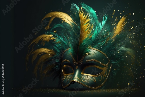Realistic luxury carnival mask with green feathers. Abstract blurred green background, gold dust, and light effects. Generative ai.