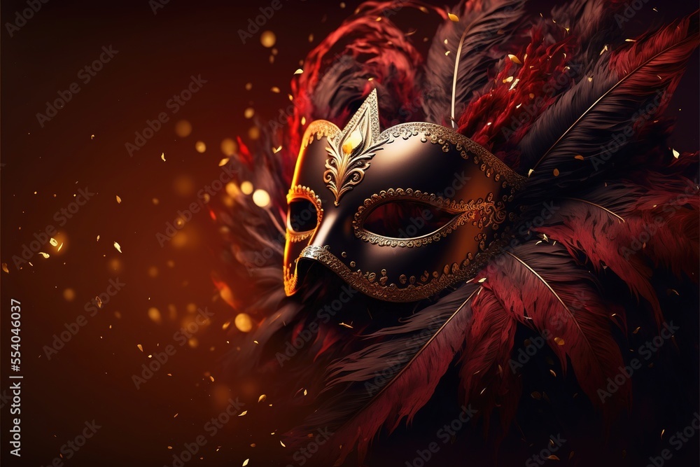 Realistic luxury carnival mask red festive background.. Abstract blurred  backdrop, gold dust, and light effects. Generative Ai Stock Illustration |  Adobe Stock