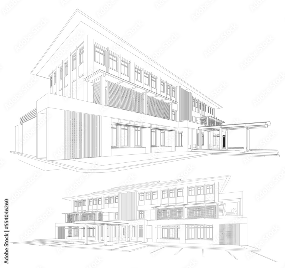 Perspective 3D render of building wireframe - Vector illustration