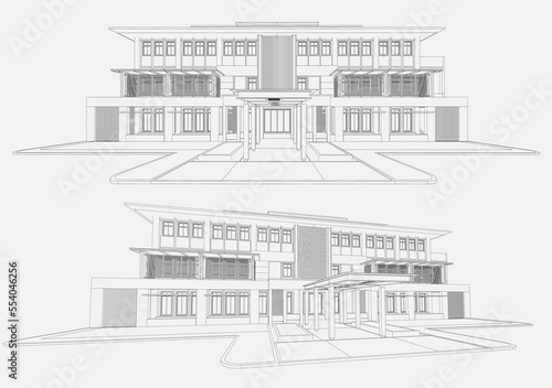Perspective 3D render of building wireframe - Vector illustration