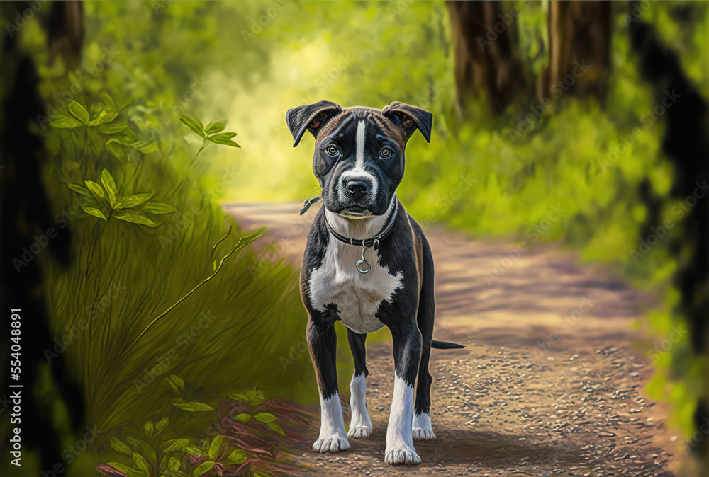 Small black mouthed cur dog in the middle of a forest of shrubs and trees on a gravel road. Generative AI