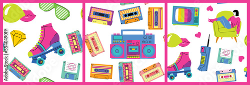 Abstract seamless background mix and element in eighties and nineties style. Retro style 80's disco design. 80s party, fashion, background, graphic, light disco party.