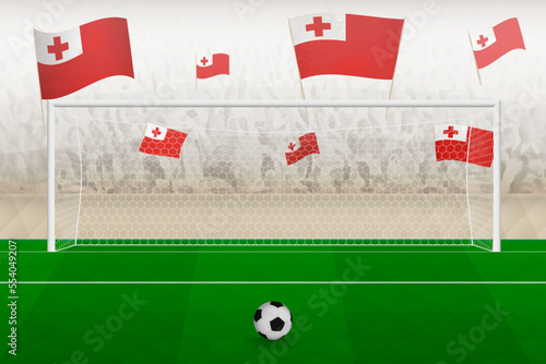 Tonga football team fans with flags of Tonga cheering on stadium, penalty kick concept in a soccer match.