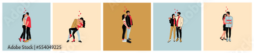 Valentine's day, love tenderness and romantic feelings concept. Young loving smiling couple boy and girl standing hugging each other feeling in love illustration