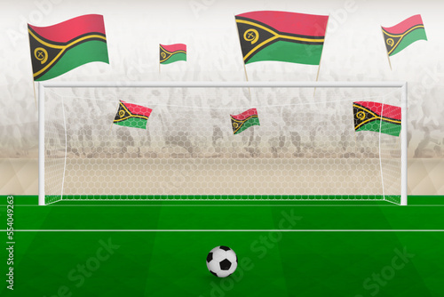 Vanuatu football team fans with flags of Vanuatu cheering on stadium, penalty kick concept in a soccer match.
