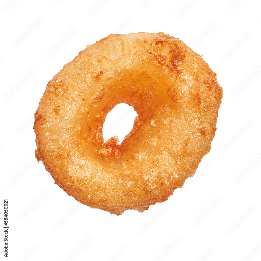 Single fried onion ring over white isolated background Single fried onion ring over white isolated background