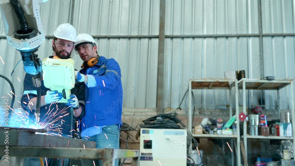 Both of engineers are manipulating a welding robot hand. By combining welding manipulation with a control panel for precise welding control. Rapid and very secure Both of engineers are manipulating a welding robot hand. By combining welding manipulation with a control panel for precise welding control. Rapid and very secure