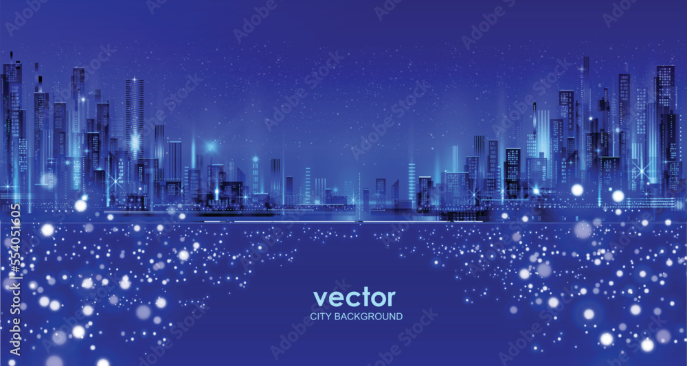 Vector night city illustration with neon glow