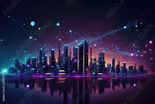 Concept of a smart city as a dot connected to a gradient line through connections in the metaverse. Big data night city banner in Bangkok  Thailand. Generative AI