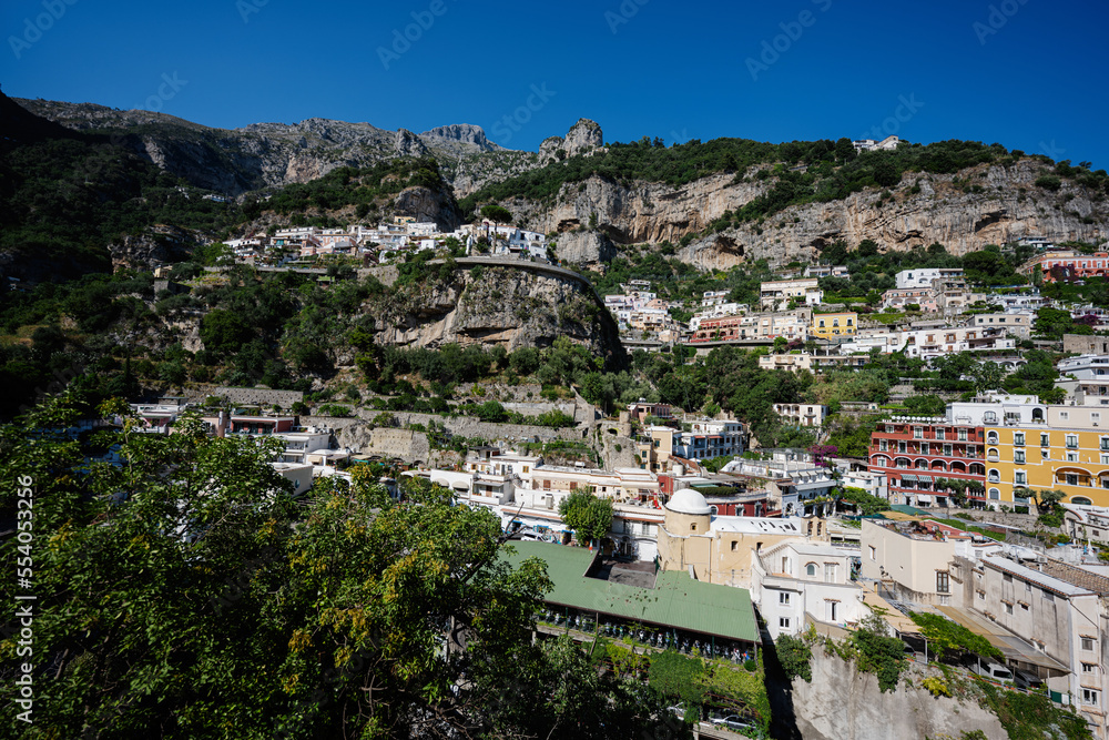 Positano with hotels and houses on hills, in Campania, Italy.