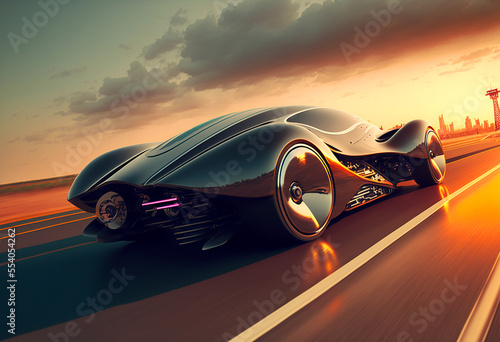 A futuristic car driving on a busy highway. Generative AI © Kanchana