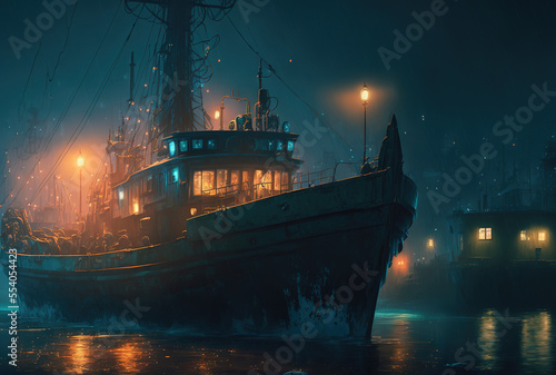 An aging fishing vessel at night in a port. Generative AI