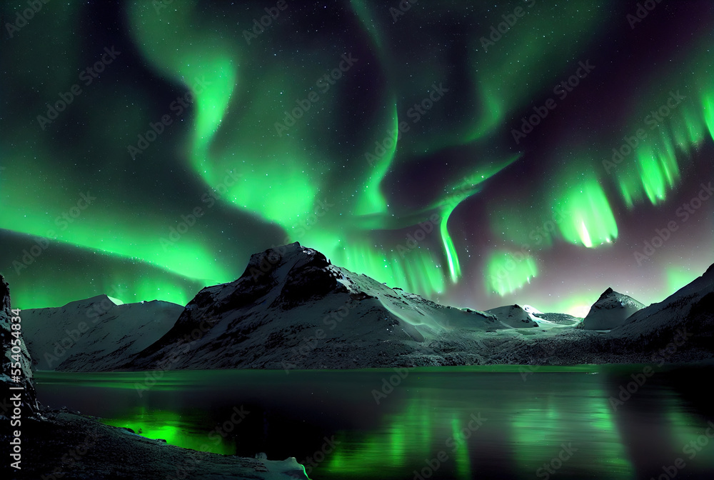 Northern or polar lights in night sky. Aurora Borealis. Generative AI.