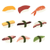 Sketch drawn vector set illustration of sushi roll isolated on white background. Traditional Japanese dishes - onigiri, nigiri, temaki, maki, gunkan. Poster, sign, menu page, flyer, banner