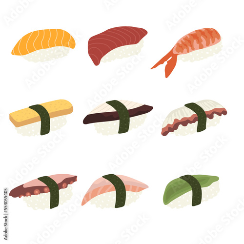 Sketch drawn vector set illustration of sushi roll isolated on white background. Traditional Japanese dishes - onigiri, nigiri, temaki, maki, gunkan. Poster, sign, menu page, flyer, banner