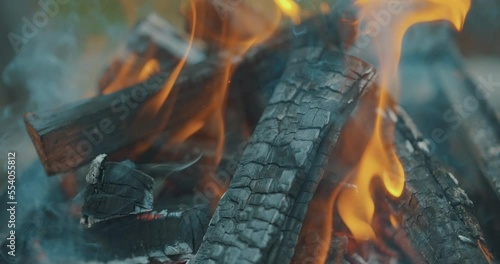 Warm Cozy Burning Fire Logs. Camping fire details with flames and burned logs and ash in 4k slow motion