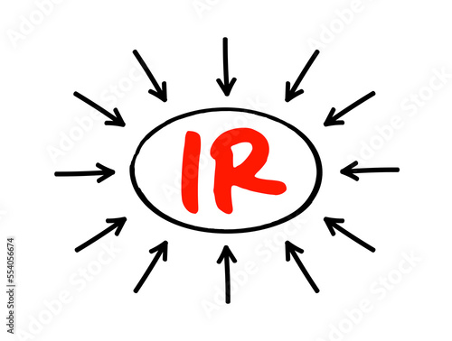 IR Interest Rate - amount of interest due per period, as a proportion of the amount lent, deposited, or borrowed, acronym text concept with arrows
