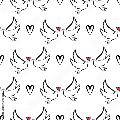 Two pigeons and a heart. Seamless sketch-style template. Background for postcards, banners