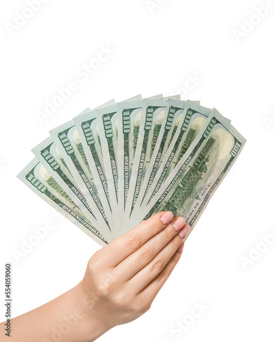 100 dollar banknotes in a woman's hand, turned back, isolate