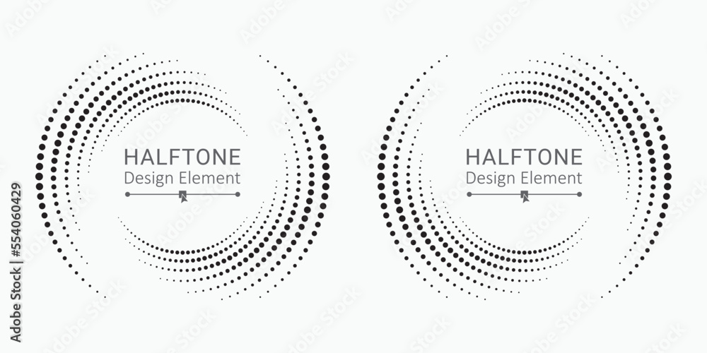 Halftone circular frame logo set. Circle dots isolated on the white background. Fabric design element. Halftone circle dots texture. Vector design element for various purposes. - obrazy, fototapety, plakaty 