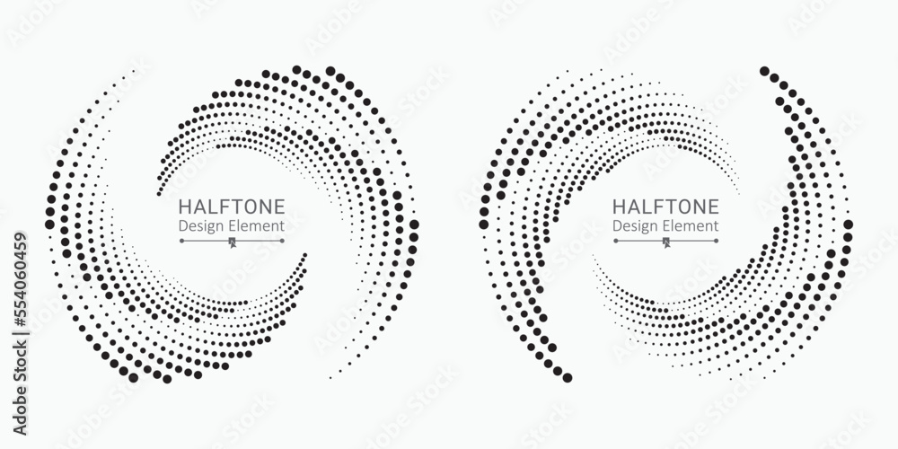 Halftone circular frame logo set. Circle dots isolated on the white background. Fabric design element. Halftone circle dots texture. Vector design element for various purposes.