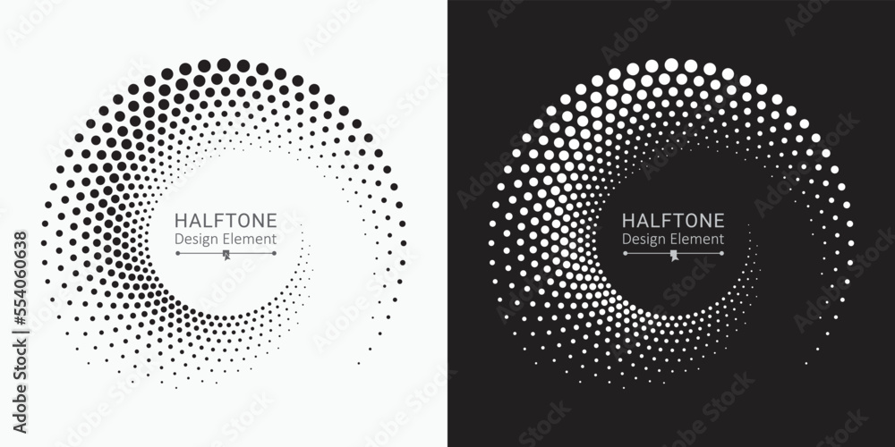 Halftone circular frame logo set. Circle dots isolated on the white background. Fabric design element. Halftone circle dots texture. Vector design element for various purposes.