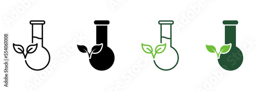 Flask with Leaf Line and Silhouette Icon Color Set. Biology Research Experiment. Equipment for Chemical Symbol Collection on White Background. Organic Scientific Lab. Isolated Vector Illustration