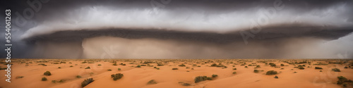 A panoramic photo of rain clouds over a desert landscape. Dark and ominous clouds, with the promise of rain and relief from the scorching sun. conveys a sense of hope and renewal. Generative AI