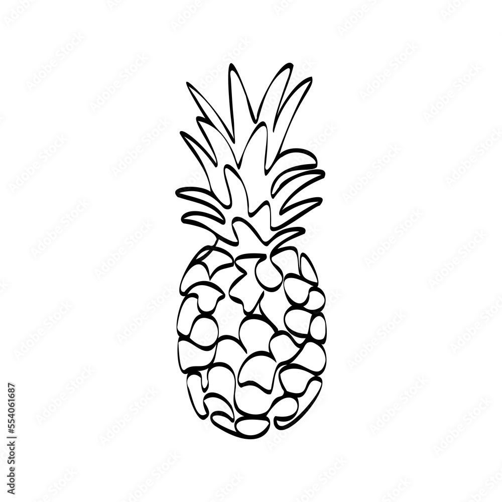 Continuous one line drawing pineapple. Vector illustration. Black line art on white background. Cartoon pineapple isolated on white background. Vegan concept Continuous one line drawing pineapple. Vector illustration. Black line art on white background. Cartoon pineapple isolated on white background. Vegan concept
