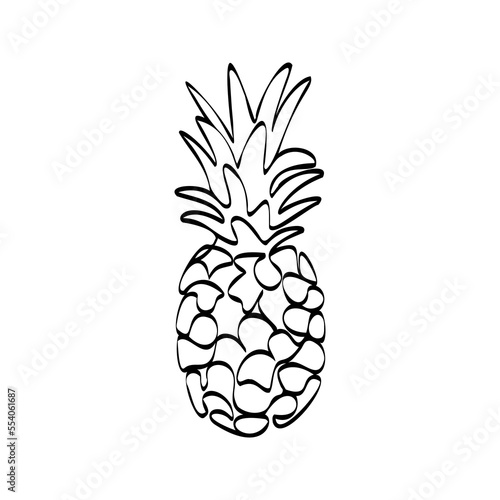 Continuous one line drawing pineapple. Vector illustration. Black line art on white background. Cartoon pineapple isolated on white background. Vegan concept