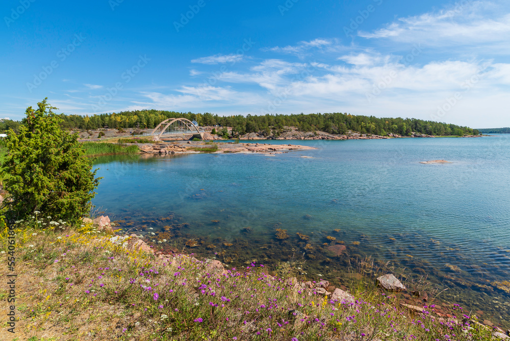 View of the bridge and sea at Bomarsund, Åland Islands. Finland