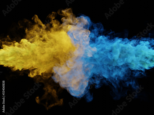 Blue and yellow smoke. 3d render.