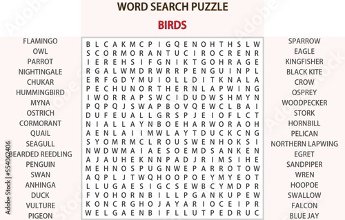 Word search puzzle vector (Word find game) illustration. Birds.
