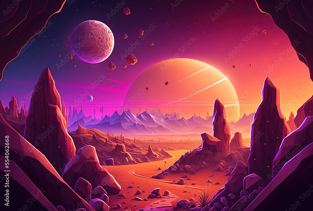 Background for a space game with an alien planet with a parallax effect, a landscape with crystals, rocks, and two suns against a purple sky. scene view from a cartoon animation with distinct levels