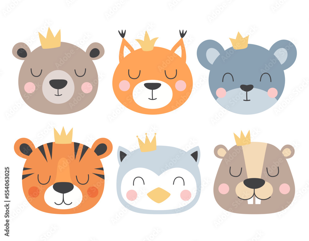 set with cartoon head of animals, print for kids