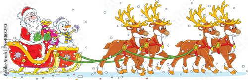 Santa Claus with a funny toy snowman and a large bag of Christmas gifts riding in their magic sleigh with reindeers, vector cartoon illustration isolated on a white background