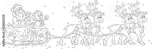 Santa Claus with a funny toy snowman and a large bag of Christmas gifts riding in their magic sleigh with reindeers, black and white vector cartoon illustration for a coloring book