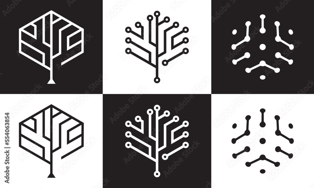 tree tech logo. creative hexagon digital connect icon vector design.