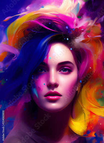 Colorful painting of a beautiful woman's face, Portrait of a beautiful woman with flowers. Generative AI